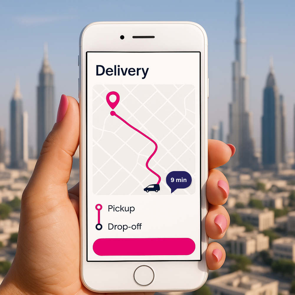 Zouba app interface showing a delivery in progress with live status and ETA