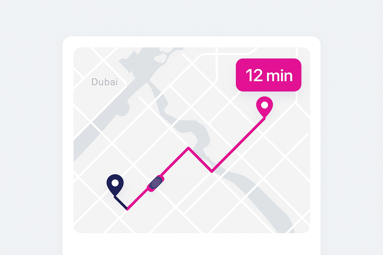 Business dashboard view showing live route, driver icon, and ETA badge on a map