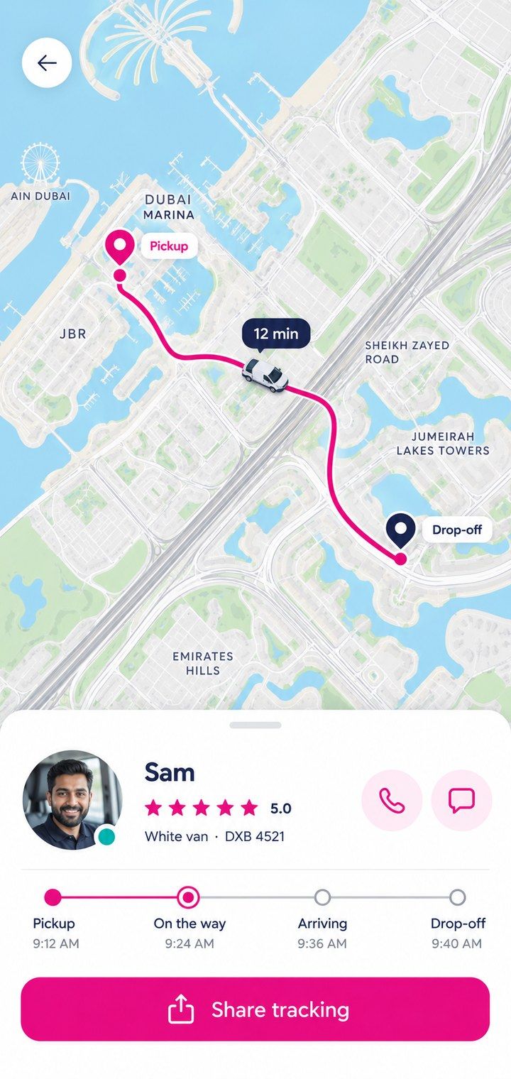 Zouba app live tracking with driver details and ETA
