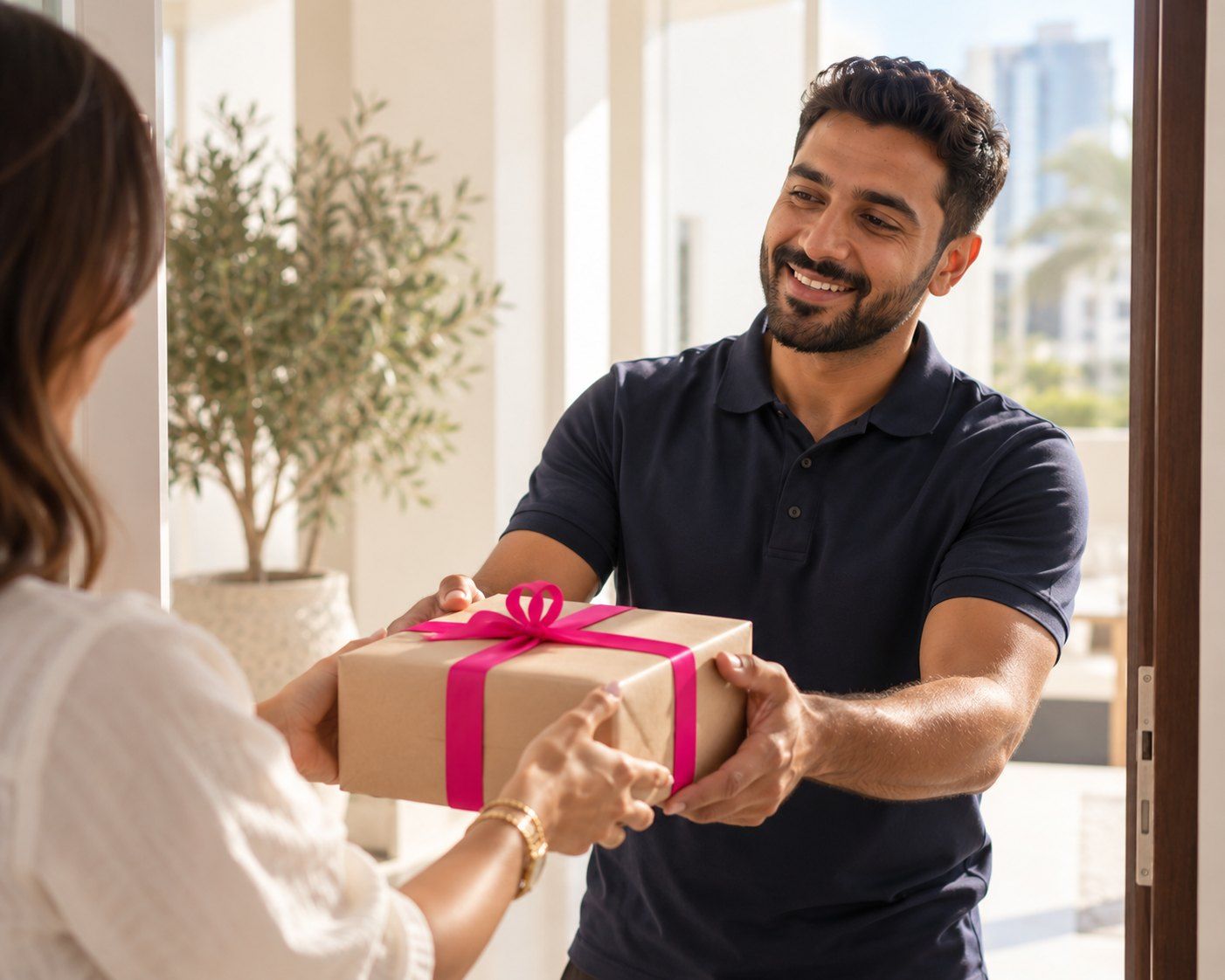 A Zouba driver handing a parcel to a customer at their door